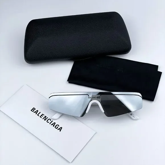 NEW Balenciaga BB0003S 002 White Silver Grey Mirrored Unisex Sunglasses